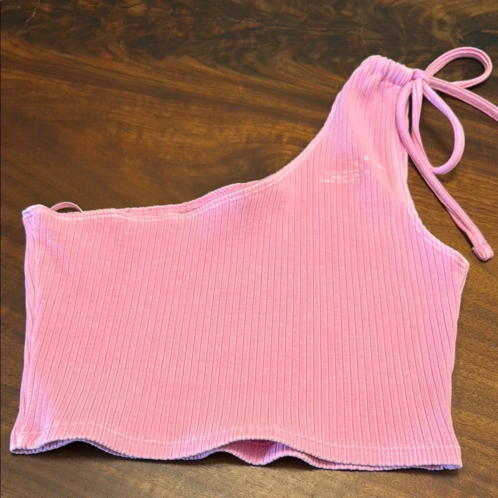 Pink Ribbed One-Shoulder Top - Picture 3 of 4